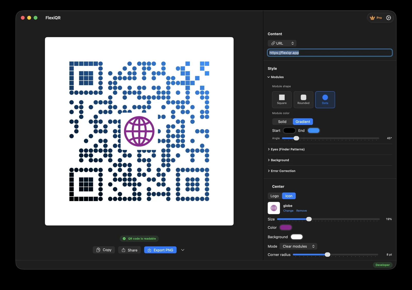 FlexiQR on Mac: QR preview beside content, styling and export controls